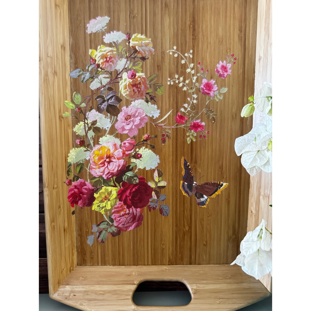 Floral Bamboo Serving Tray with Handles Rose Butterfly Botanical Wood Platter - Picture 4 of 4
